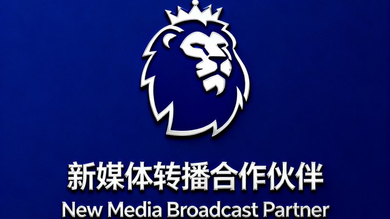 英超联赛经典的狮子头标志以深蓝色背景衬托，下方标注着新媒体转播合作伙伴的中英文双语文字